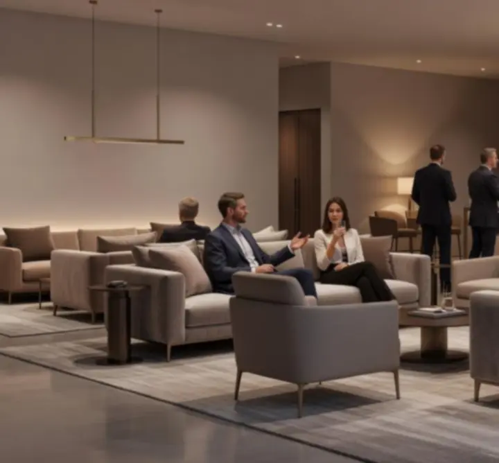 Modern és elegáns lounge enteriőr a Cool Air Install Hubban, hangulatos fényekkel