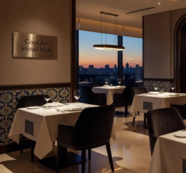 Elegáns, hangulatos étteremrészlet a Cool Air Install Hubban, gyertyafényes asztalokkal.