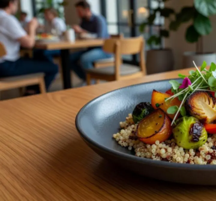 Színes vegetáriánus és vegán fogások fine dining tálalással a Cool Air Install Hub éttermében.