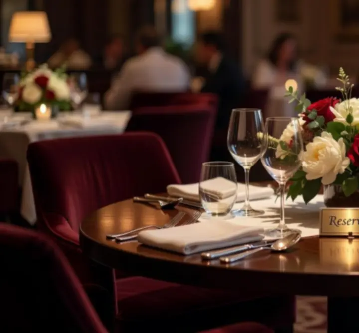 Elegáns, előkészített asztal gyertyafénnyel a Cool Air Install Hub éttermében.